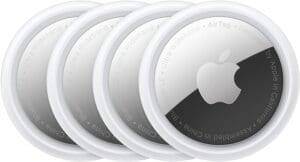 A set of five apple logo stickers on top of each other.