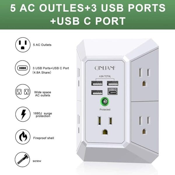 A white wall outlet with four outlets and three usb ports.