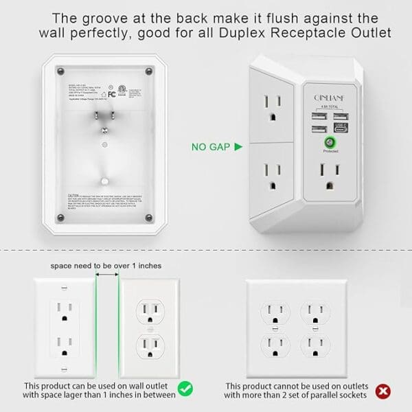 A white wall outlet with multiple outlets and usb ports.