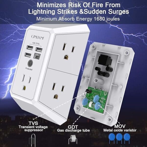 A white electrical outlet with multiple outlets and usb ports.