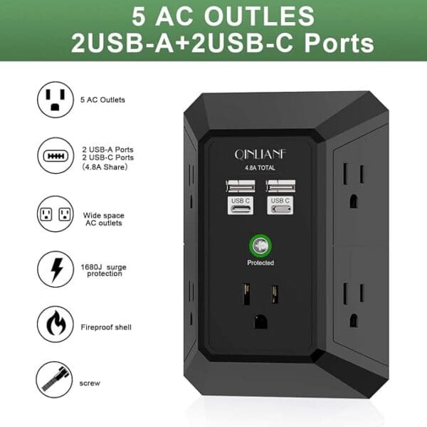 A black wall outlet with 5 ac outlets and 2 usb ports.