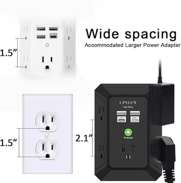 A large power adapter with four outlets and two usb ports.