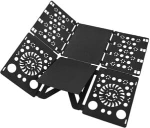 A black folding table with several different designs on it.