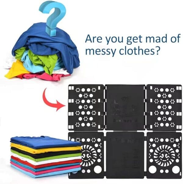 A picture of some clothes folded up and the image is showing how to fold them.