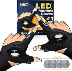 A pair of hands wearing led flashlight gloves.