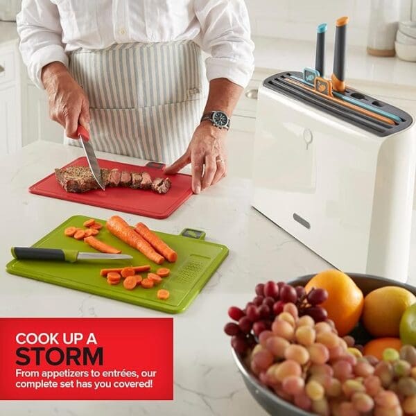 A cook is cutting vegetables on the counter.